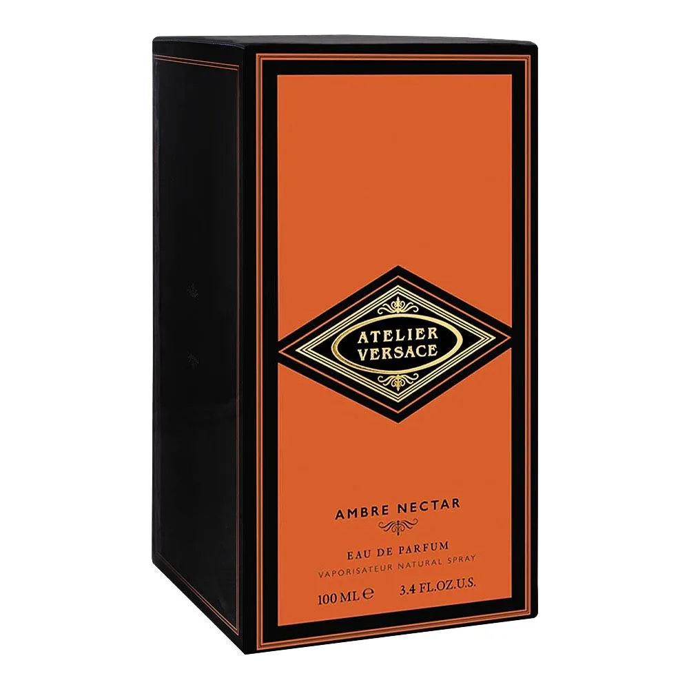 Side view of versace atelier ambre nectar, eau de parfum, for men & women, 100ml