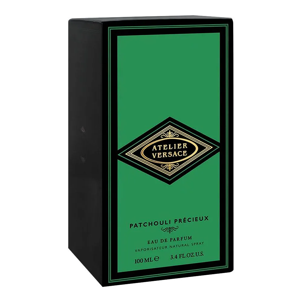 Side view of versace atelier patchouli precieux, eau de parfum, for men & women, 100ml