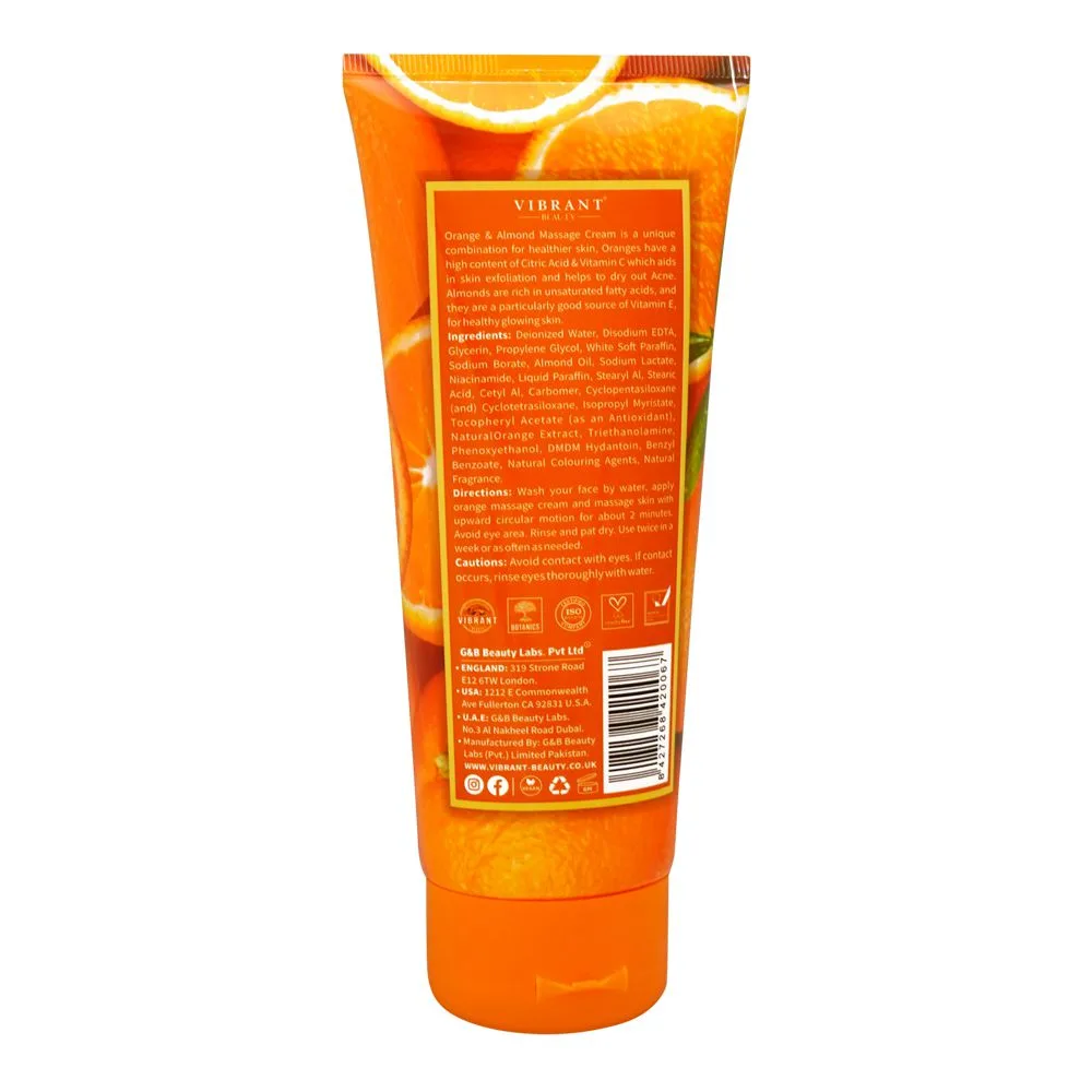 Side view of vibrant beauty brightening almond & orange nourishing massage cream, for all skin types, 200ml