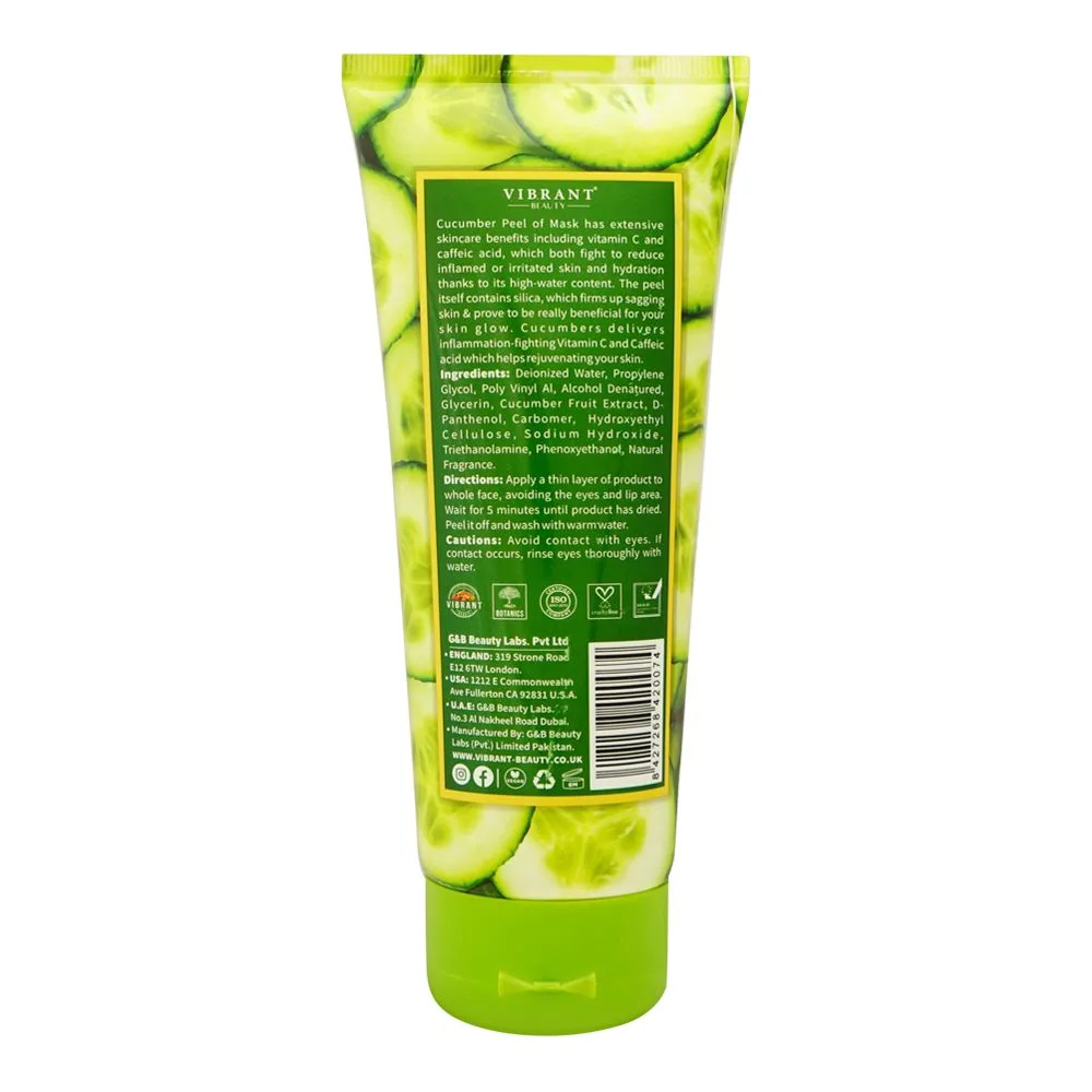 Side view of vibrant beauty brightening cucumber peel off face mask, for all skin types, 200ml