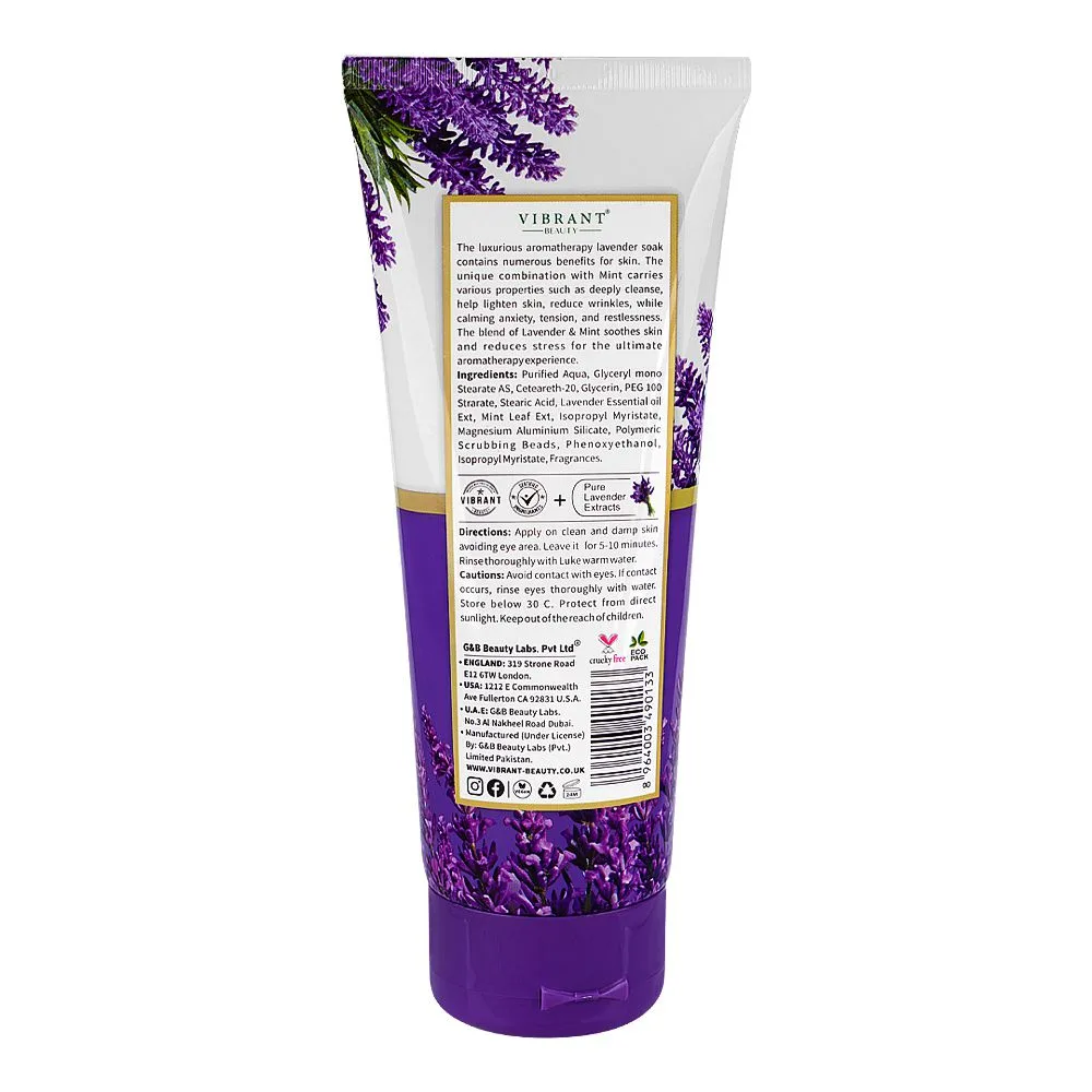 Side view of vibrant beauty mini spa luxurious lavender+mint skin brightening soak, 200ml