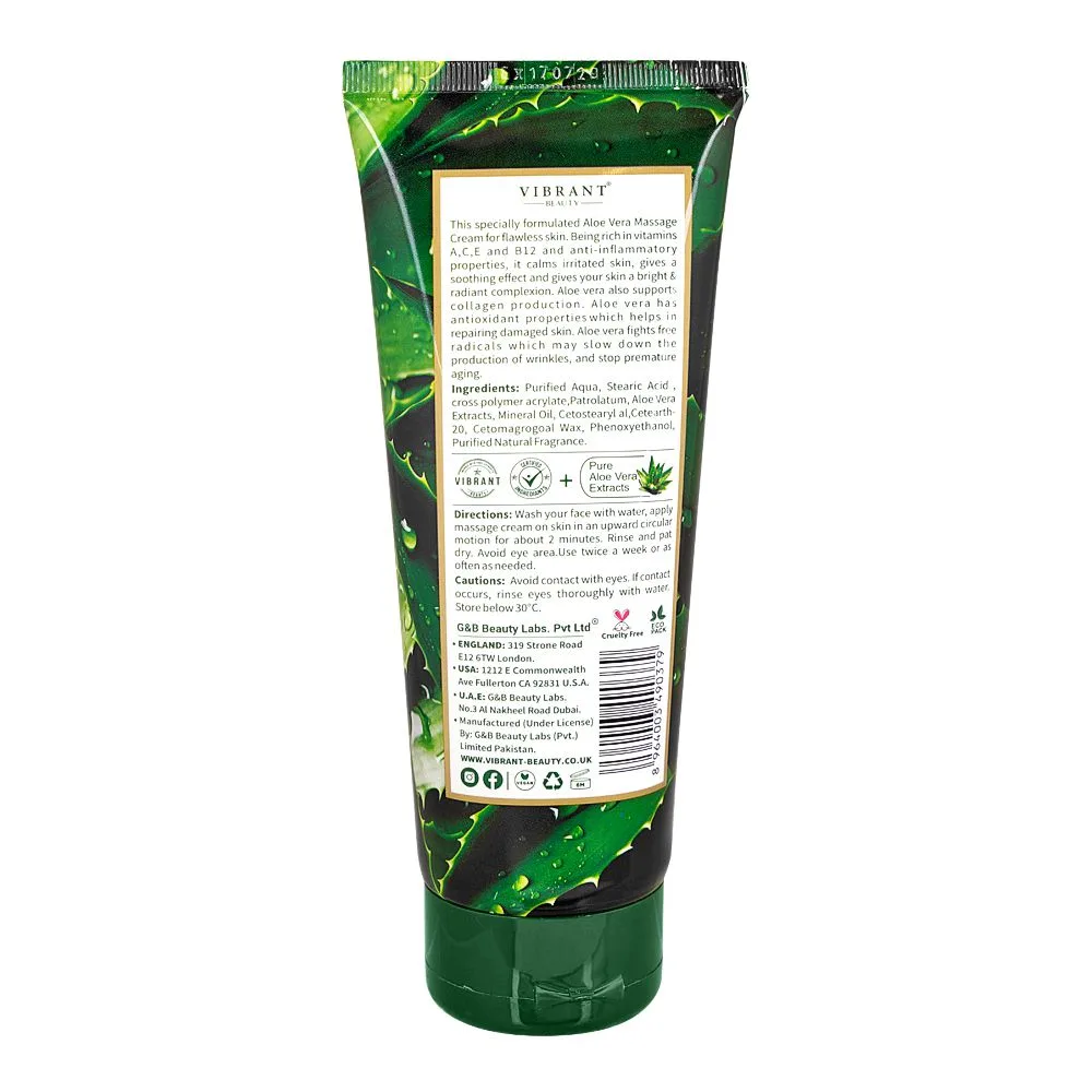 Side view of vibrant beauty skin brightening wild aloe vera massage cream, parabens & sulphate free, 200ml