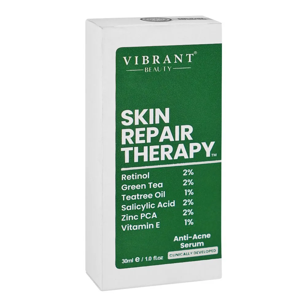 Side view of vibrant beauty skin repair therapy anti acne serum, 30ml