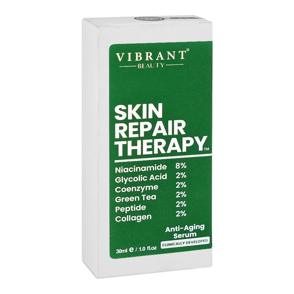 Side view of vibrant beauty skin repair therapy anti aging serum, 30ml