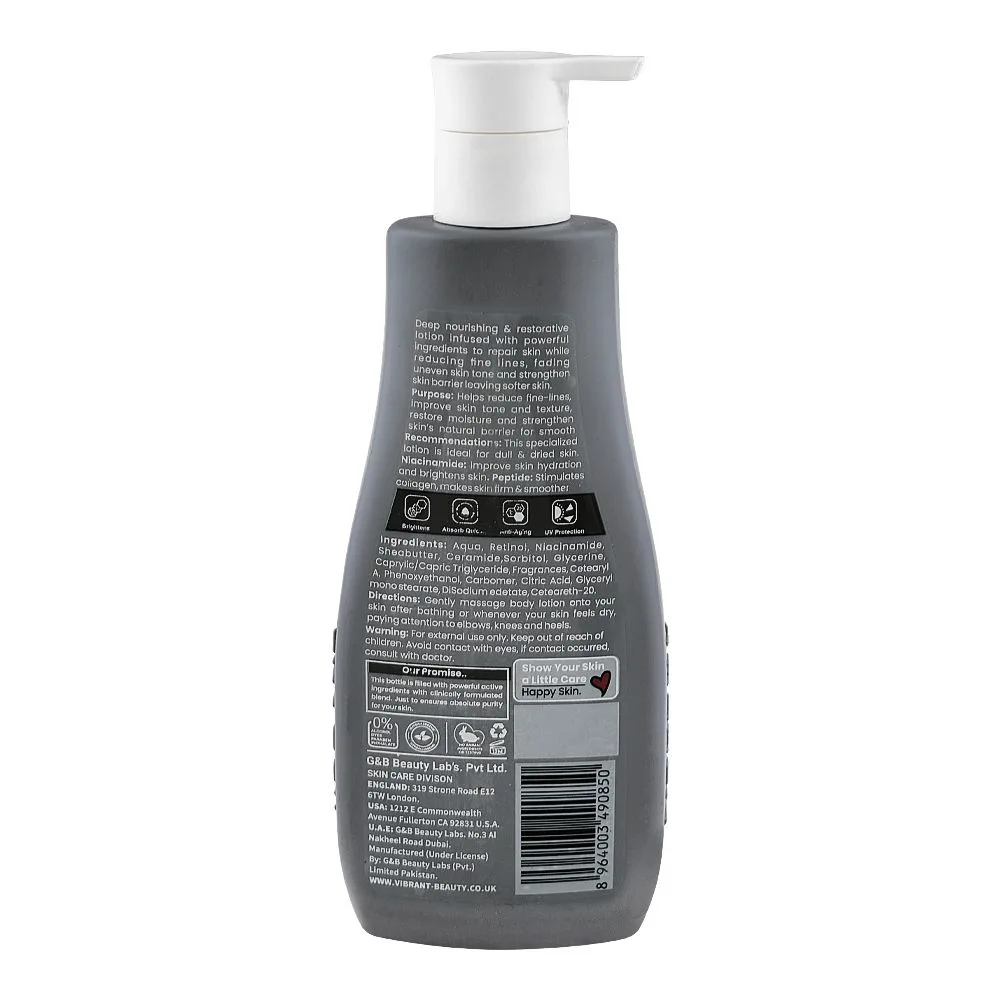 Side view of vibrant beauty skin repair therapy intense repair lotion, retinol, niacinamide, shea butter & ceramide, for all types of skin, 200ml