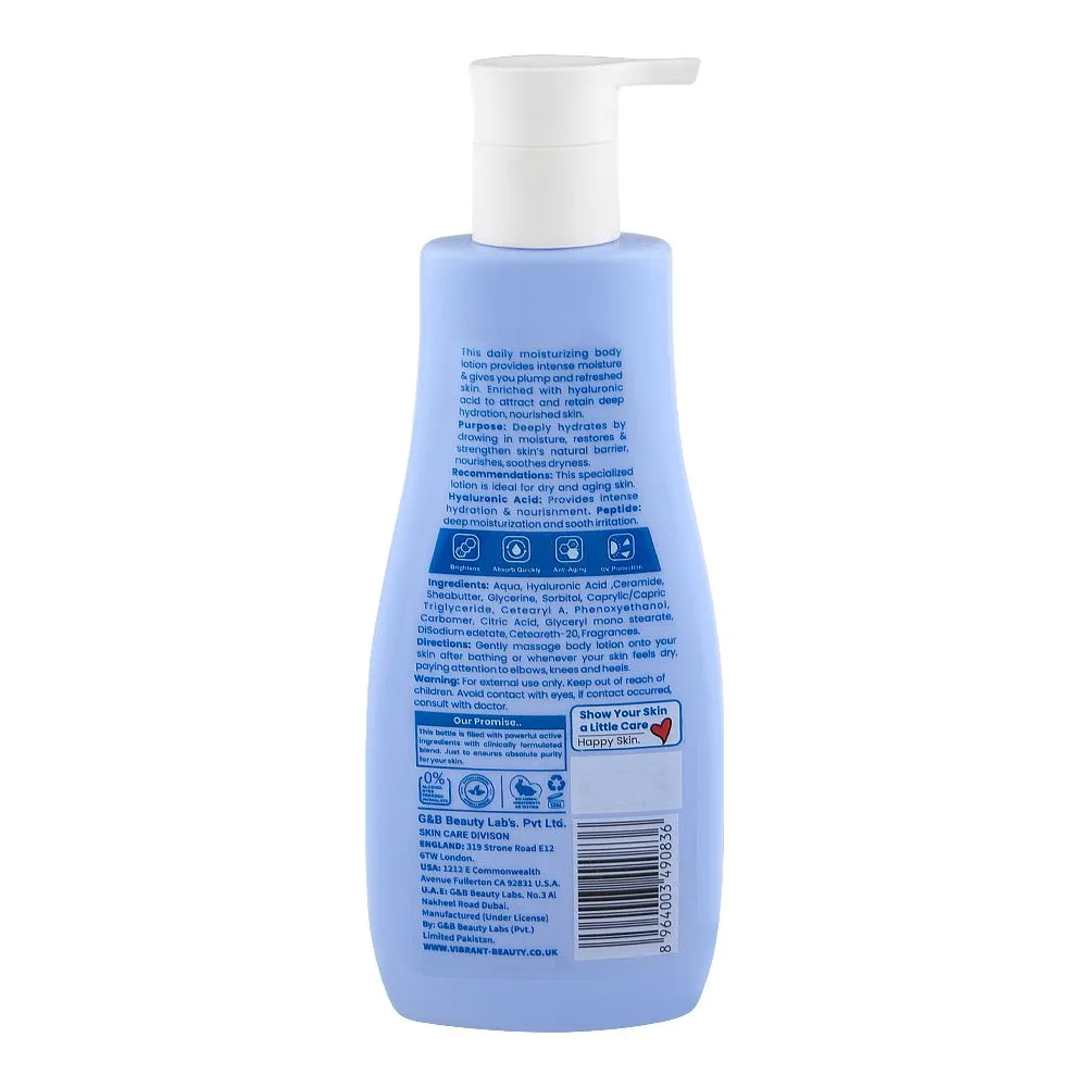 Side view of vibrant beauty skin repair therapy moisturizing lotion, hyaluronic, ceramide, shea butter & glycerin, for all types of skin, 200ml