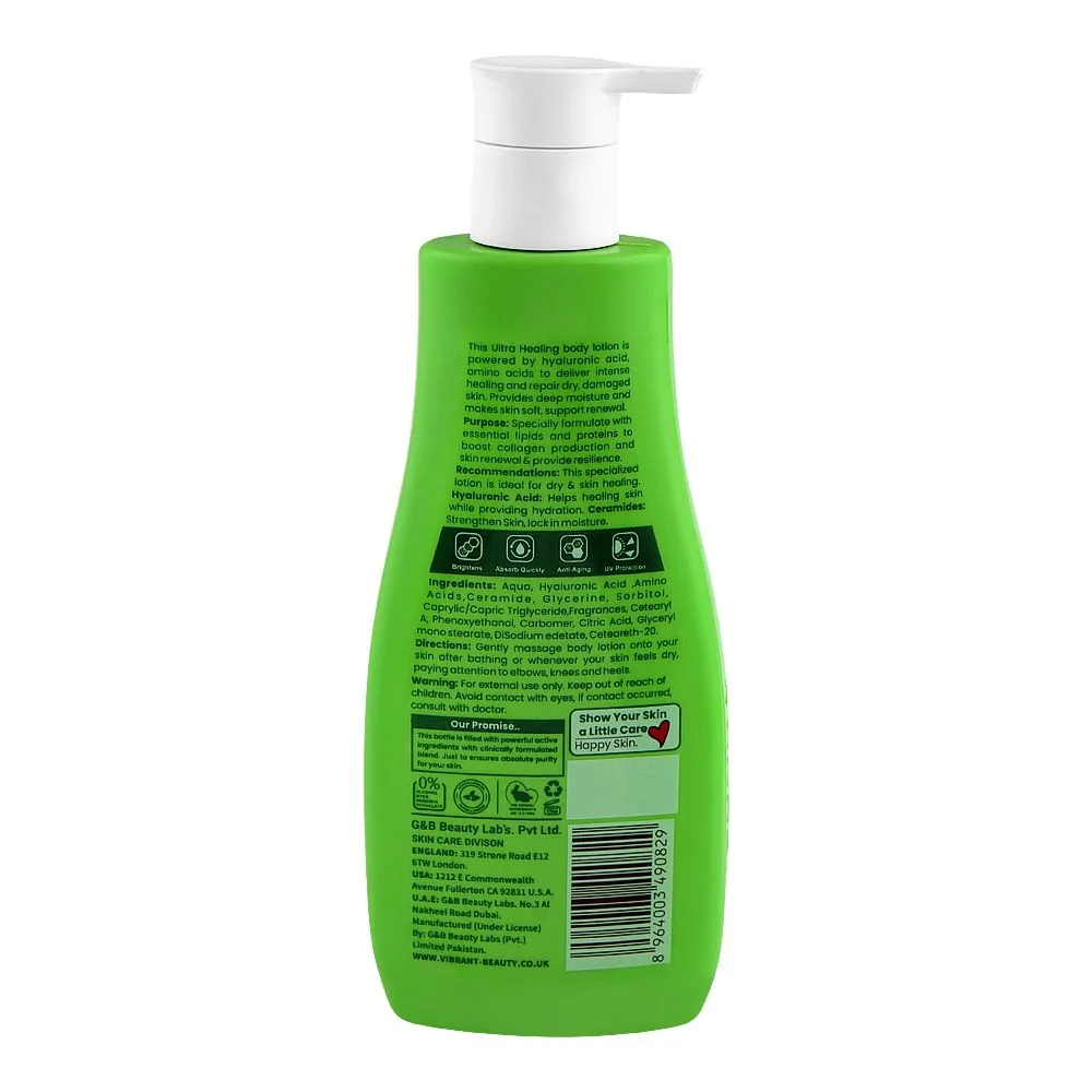 Side view of vibrant beauty skin repair therapy ultra healing lotion, hyaluronic, amino acid & ceramides, for moisturizing skin, 200ml