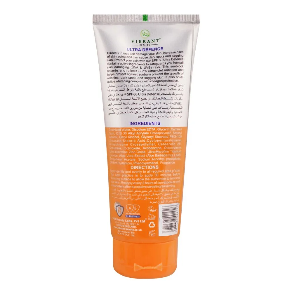 Side view of vibrant beauty sun block anti aging ultra defence, spf60, 150ml