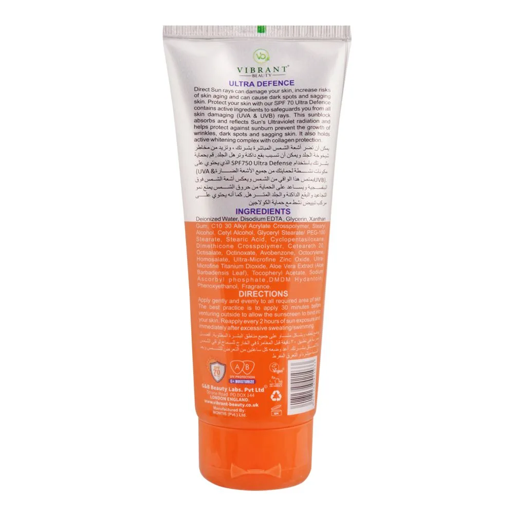 Side view of vibrant beauty sun block anti aging ultra defence, spf70, 150ml