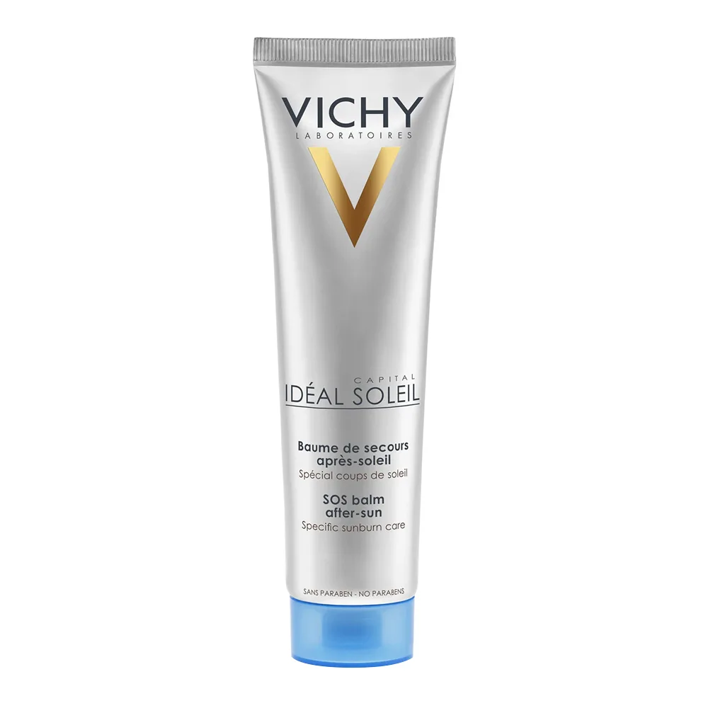 Side view of vichy capital ideal soleil after sun sos balm body moisturizer, for all skin types, 100ml