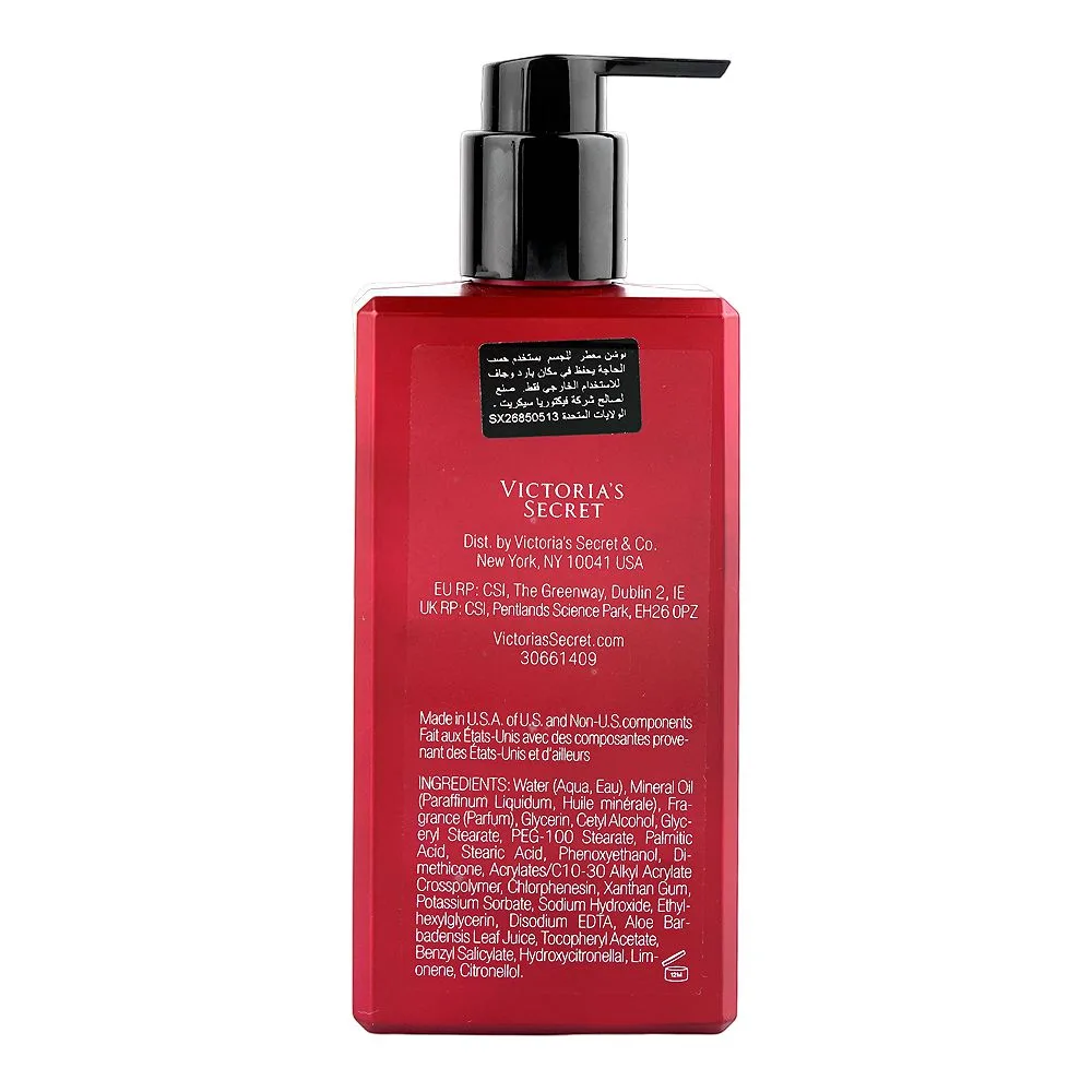 Side view of victoria's secret bombshell midnight fine fragrance lotion, glycerin, 250ml