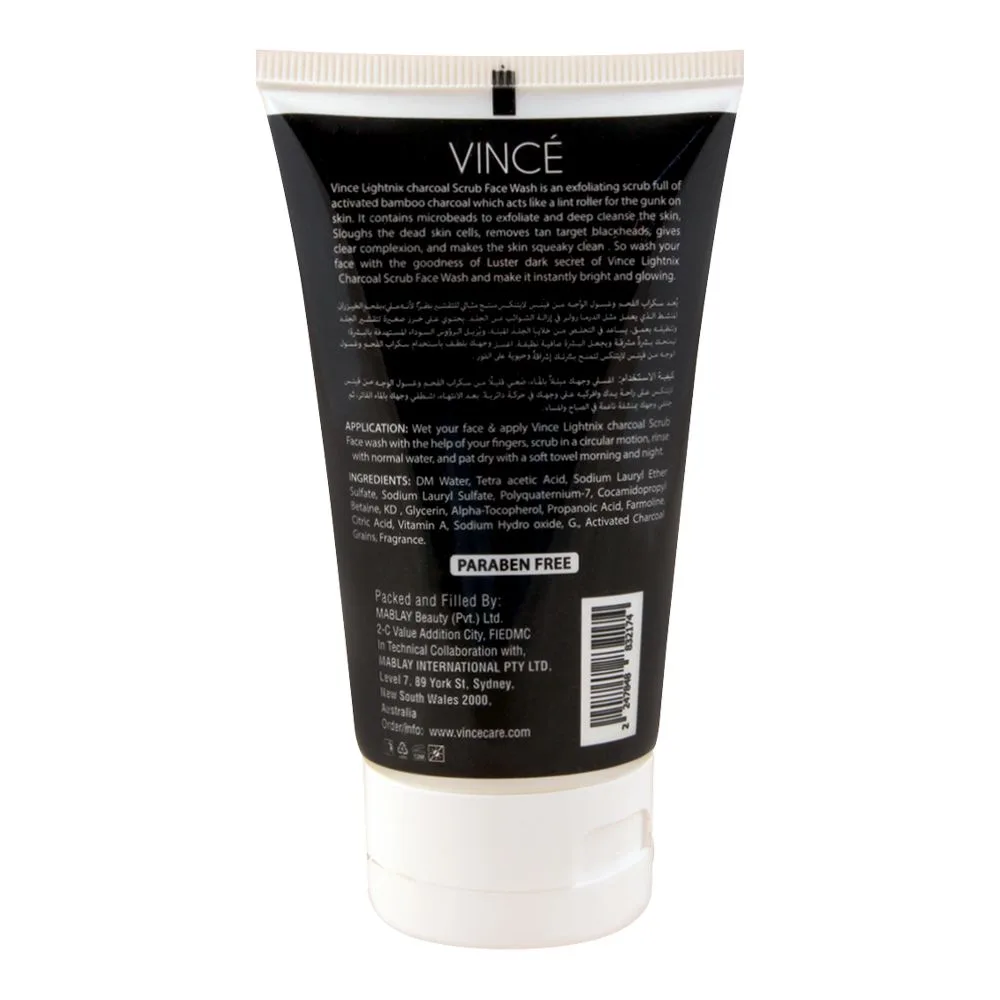 Side view of vince activated charcoal lightnix scrub face wash, paraben free, removes blackheads, 120ml