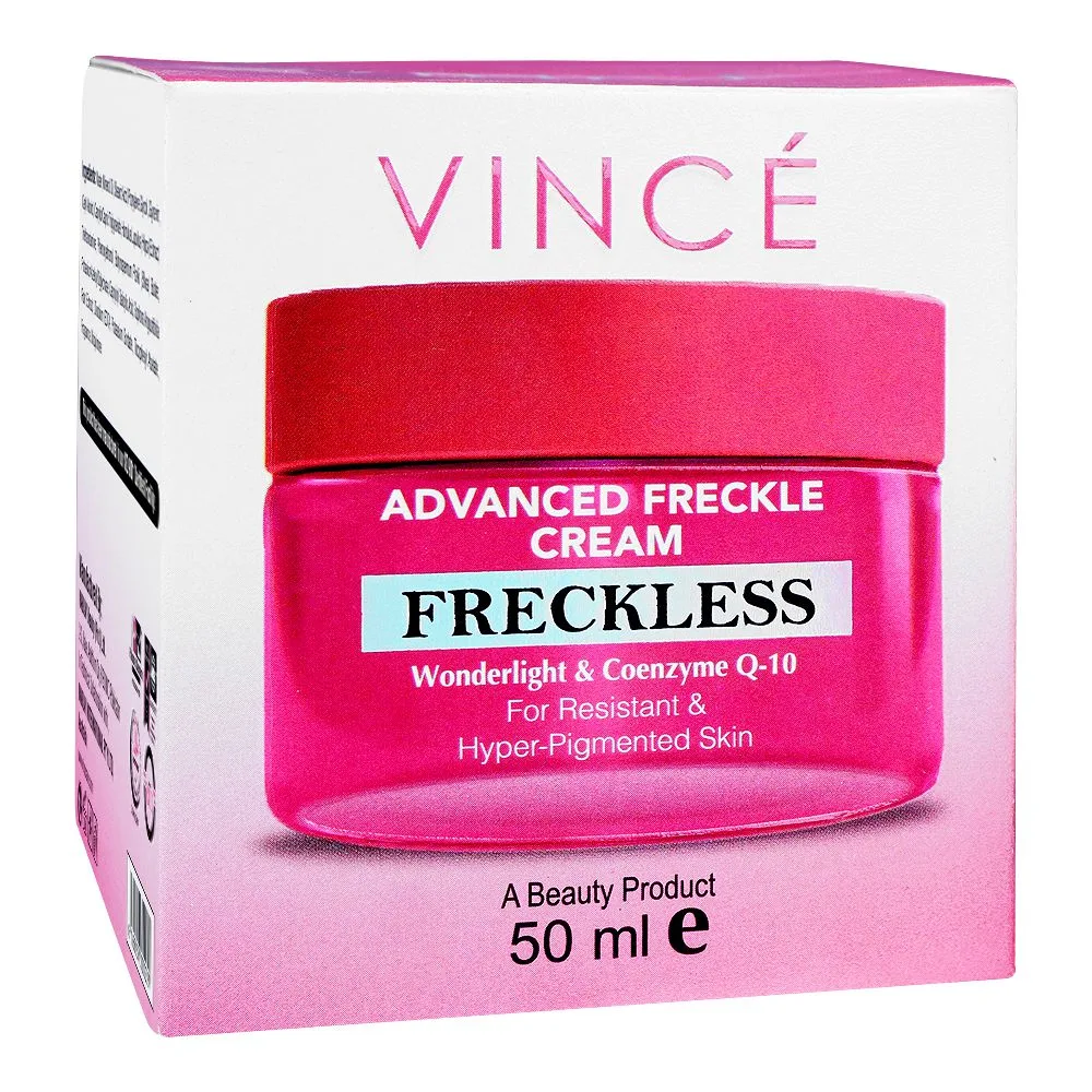Side view of vince advanced freckle cream, for resistant & hyper-pigmented skin, fade freckles & dark spots, 50ml
