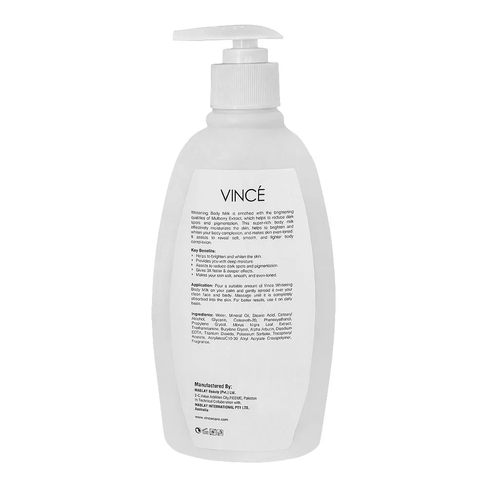 Side view of vince alpha arbutin whitening body milk, for all skin types, 300ml