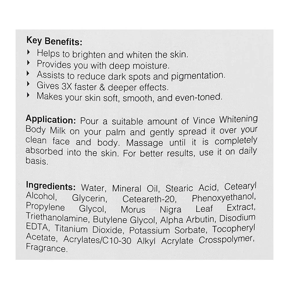 Comfortable casual vince alpha arbutin whitening body milk, for all skin types, 300ml