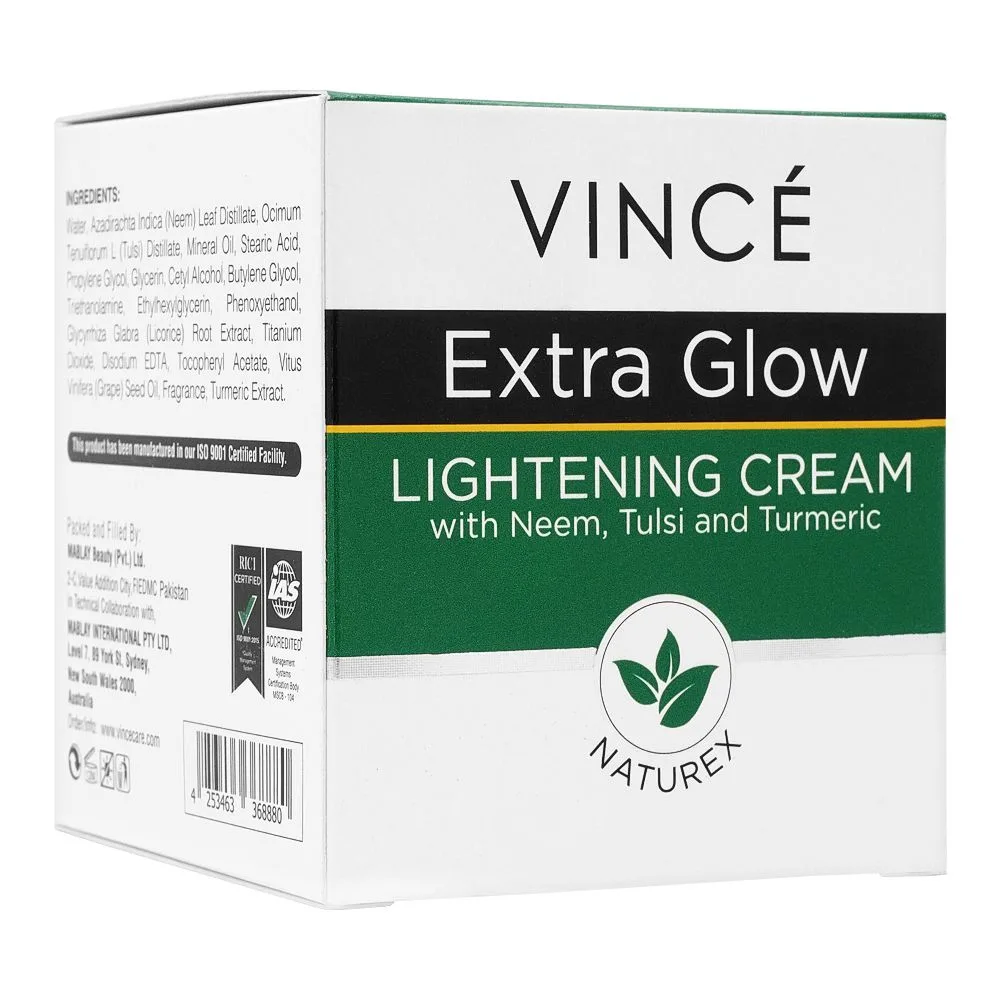 Side view of vince extra glow lightening cream, with neem, tulsi and turmeric, 40ml