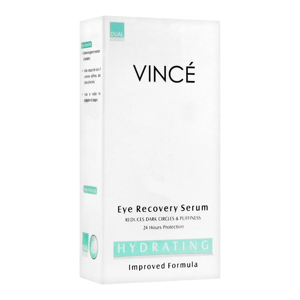 Side view of vince eye recovery serum, reduces dark circles & puffiness, 15ml