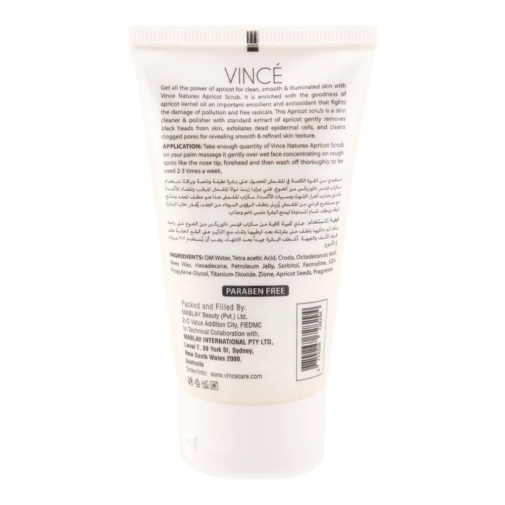 Side view of vince gentle exfoliator naturex apricot scrub, all skin types, paraben free, 120ml