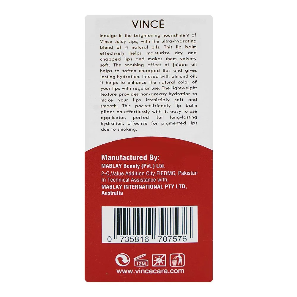 Side view of vince juicy lips repair revive hydrate, jojoba seed oil, shea butter, 10ml