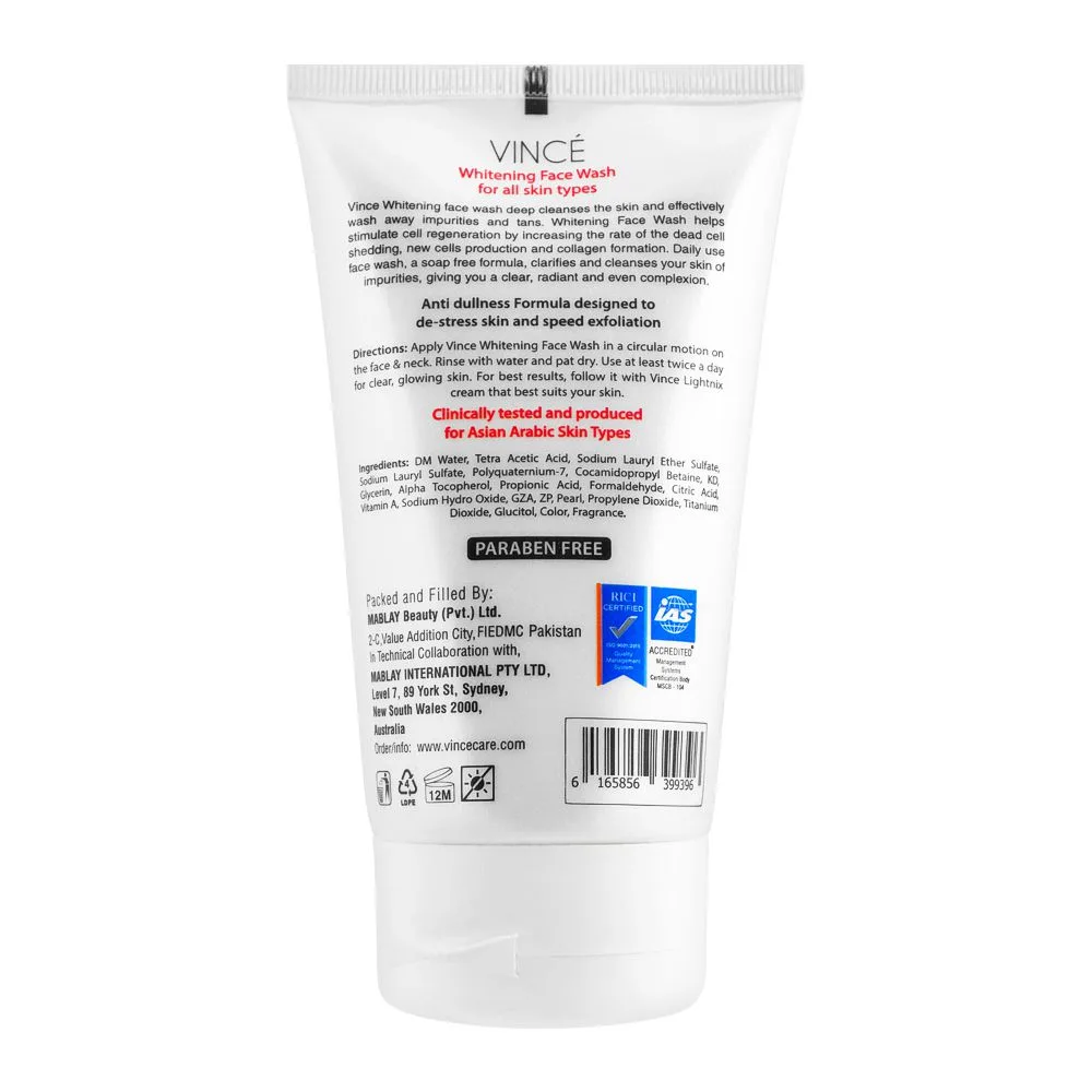 Side view of vince lightnix anti dullness formula whitening face wash, 120ml