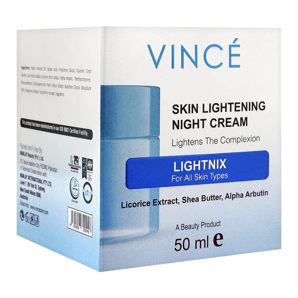 Side view of vince lightnix skin lightening night cream, all skin types, 50ml