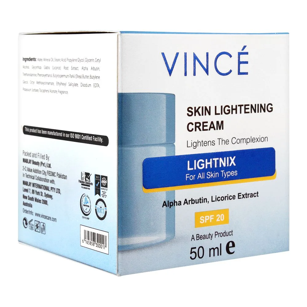 Side view of vince lightnix skin lightening spf 20 cream, all skin types, 50ml