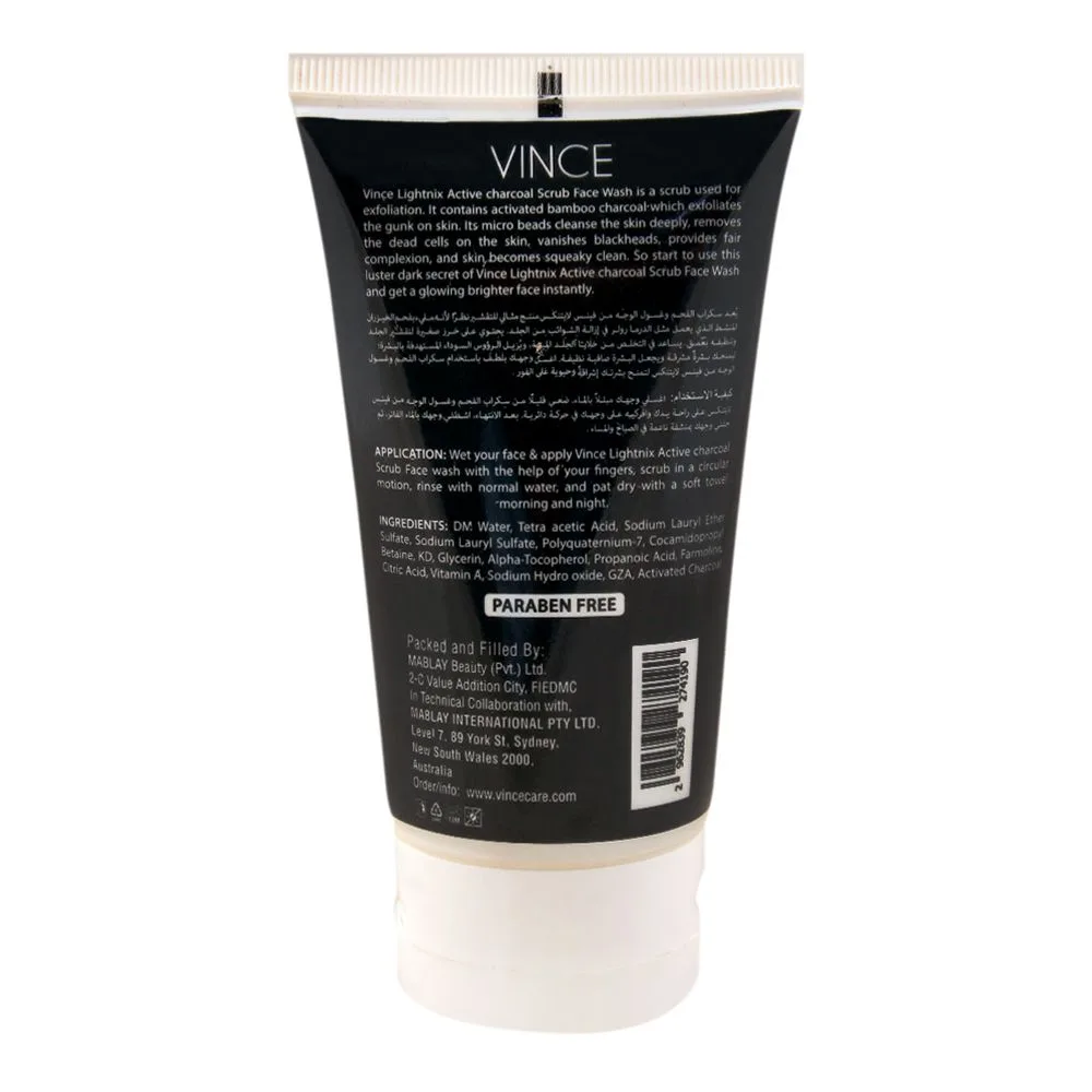 Side view of vince men activated charcoal lightnix active scrub face wash, paraben free, removes blackheads, 120ml