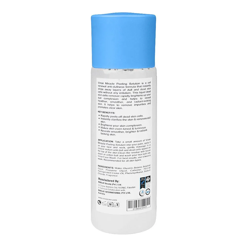 Side view of vince miracle peeling solution, removes dull and dead skin, for all skin types, 120ml