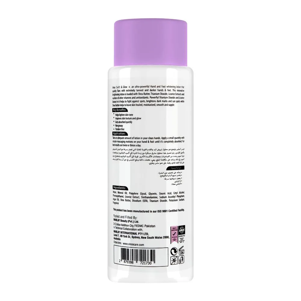 Side view of vince soft & glow manipedix hand & foot whitening lotion, all skin types, 160ml