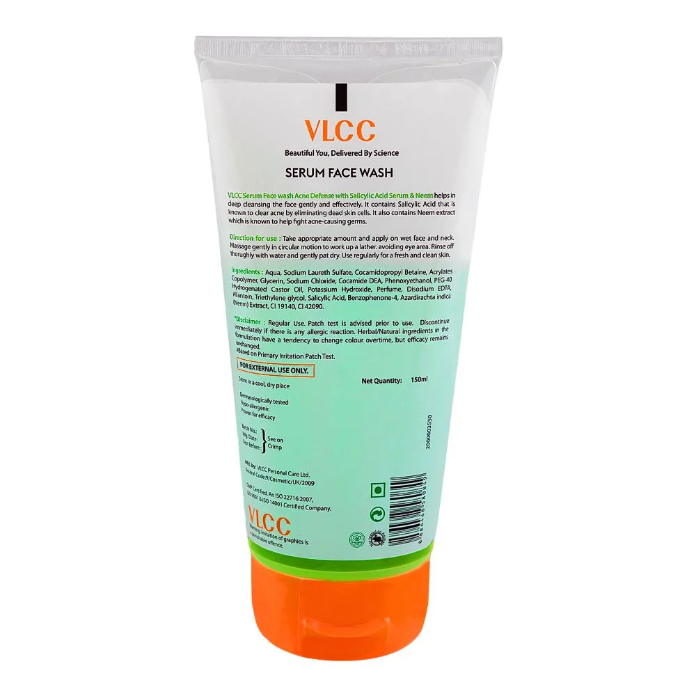 Side view of vlcc acne defense serum face wash with salicylic acid & neem, 150ml