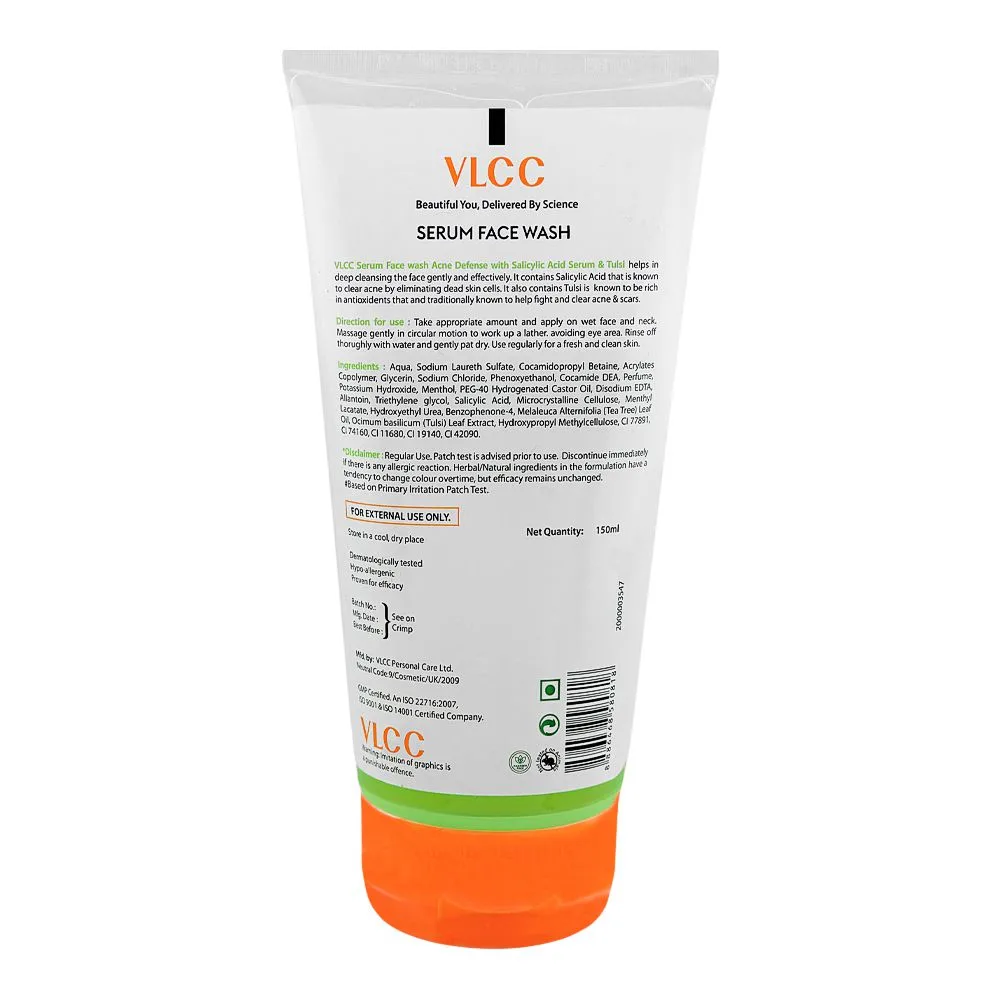 Side view of vlcc acne defense serum face wash with salicylic acid & tulsi, 150ml