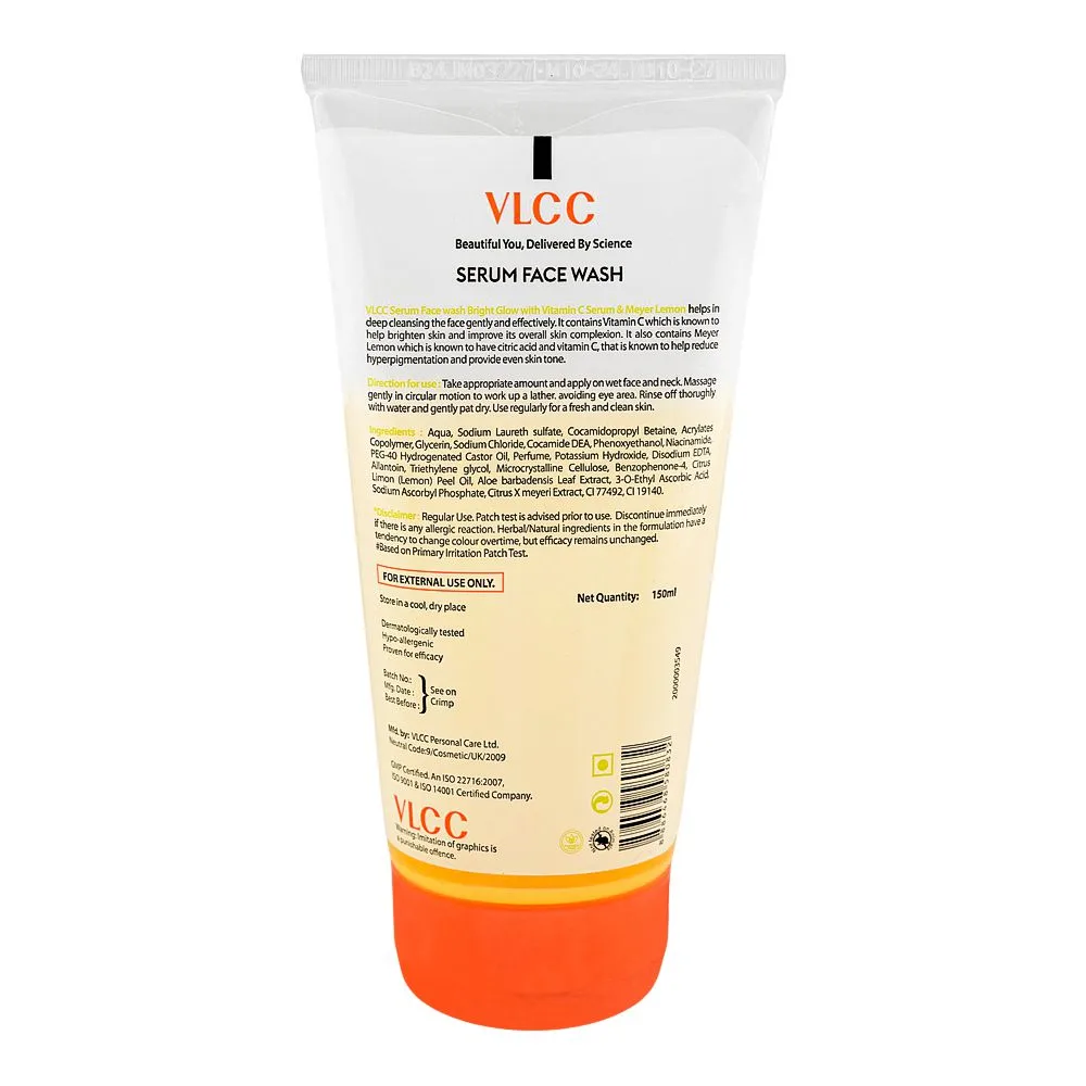 Side view of vlcc bright glow serum face wash with vitamin c & meyer lemon, 150ml