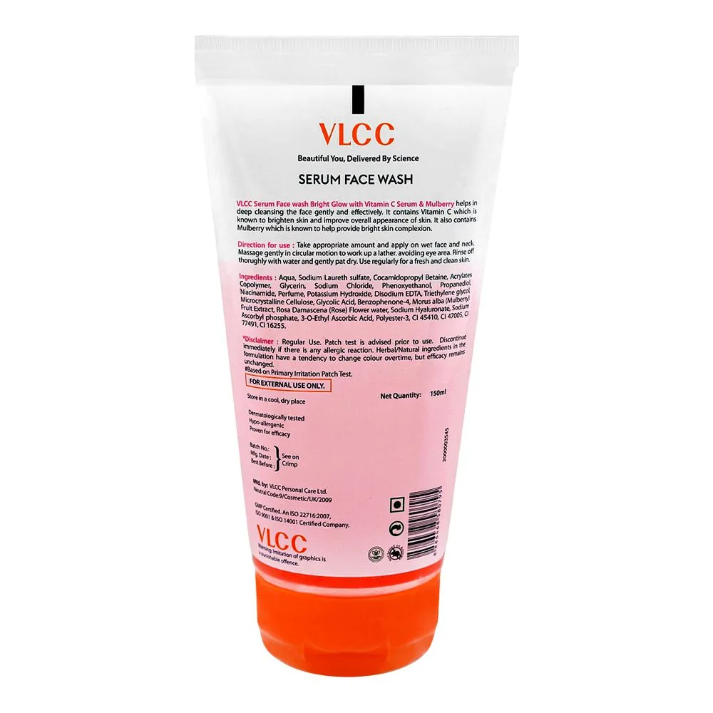 Side view of vlcc bright glow serum face wash with vitamin c & mulberry, 150ml