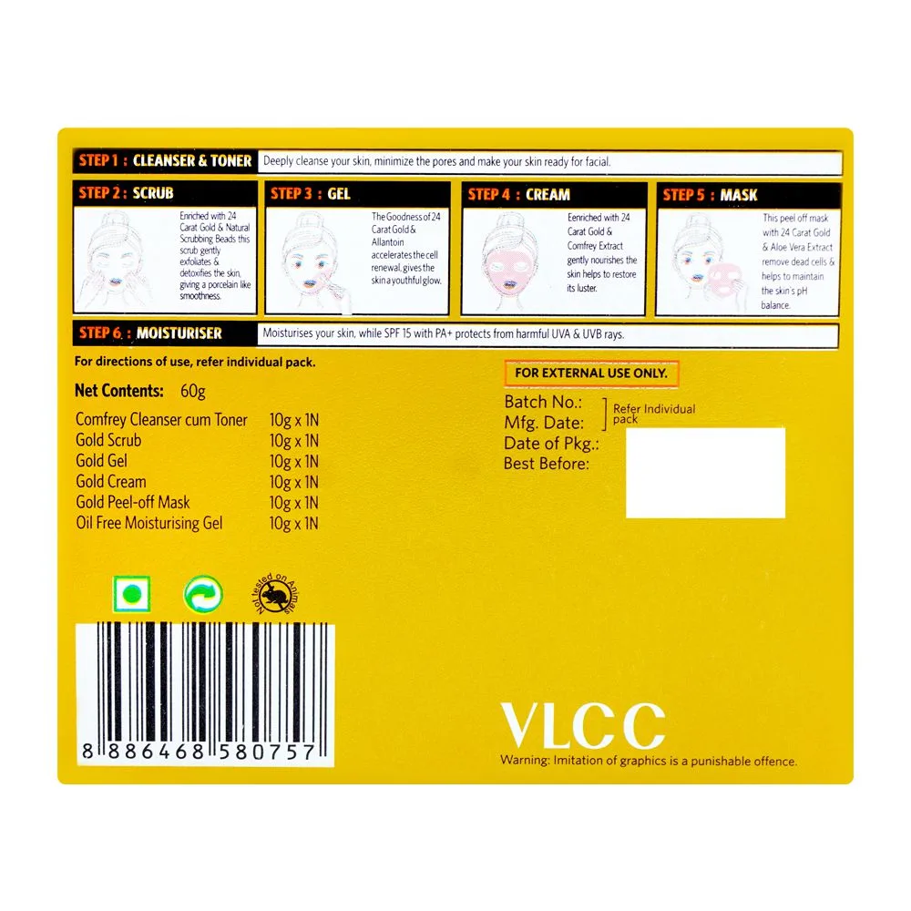 Comfortable casual vlcc gold 6 step facial kit, spf-15, pa+, 60g
