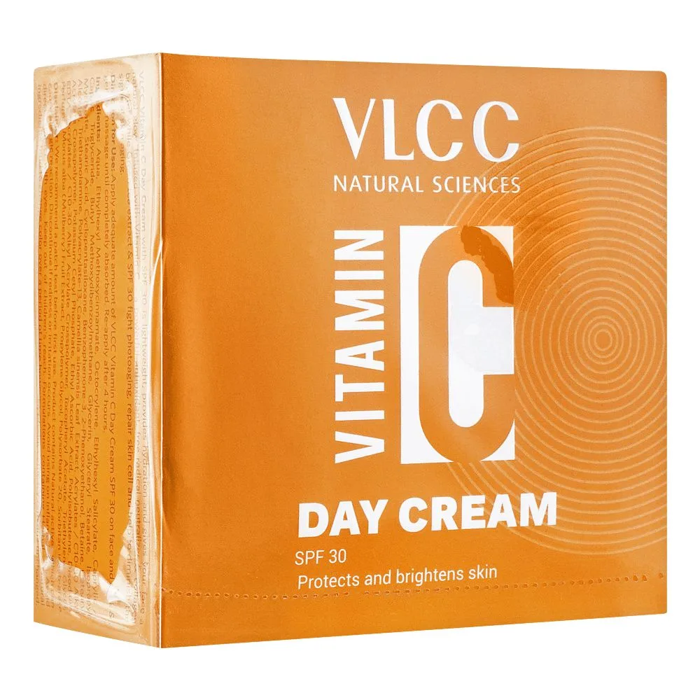 Side view of vlcc natural sciences vitamin c spf30 day cream, protects & brightens skin, 50g