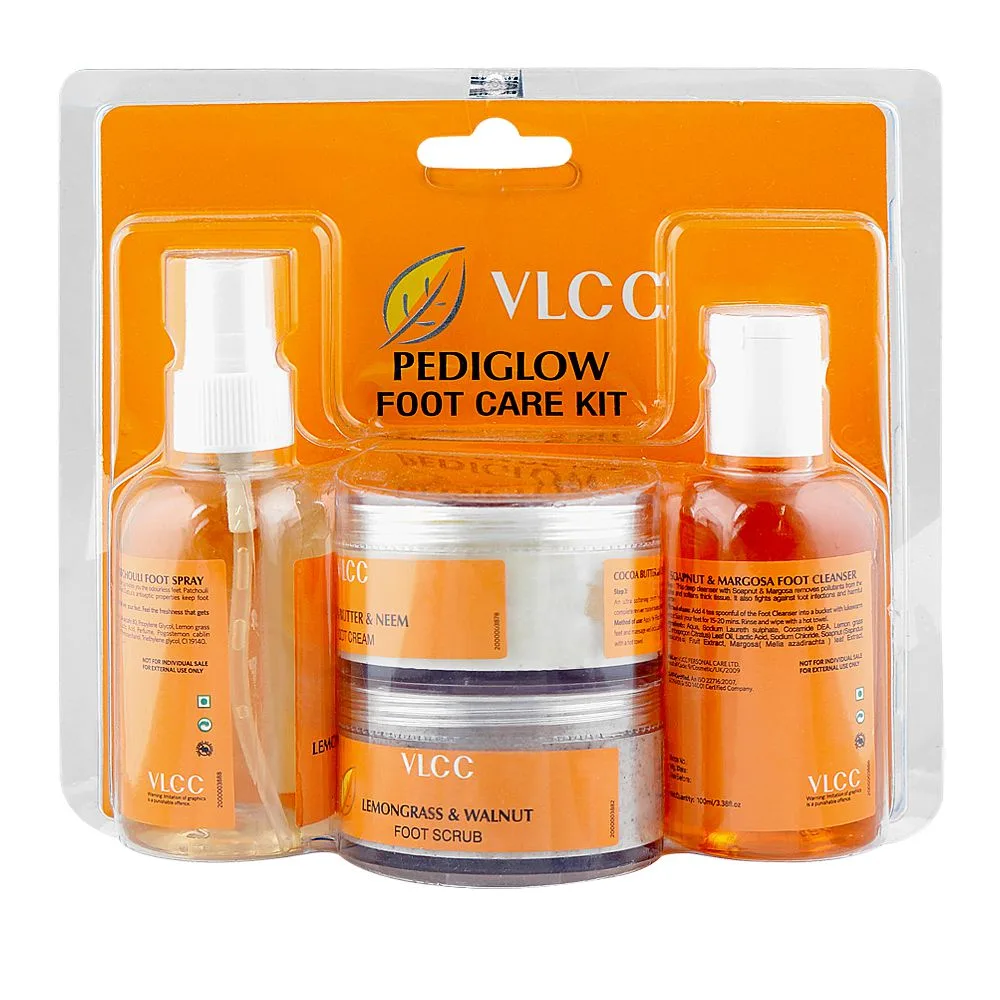 Side view of vlcc pediglow foot care kit, foot cleaner 100ml + foot scrub 50g + foot cream 50g + 100ml, 4-pack