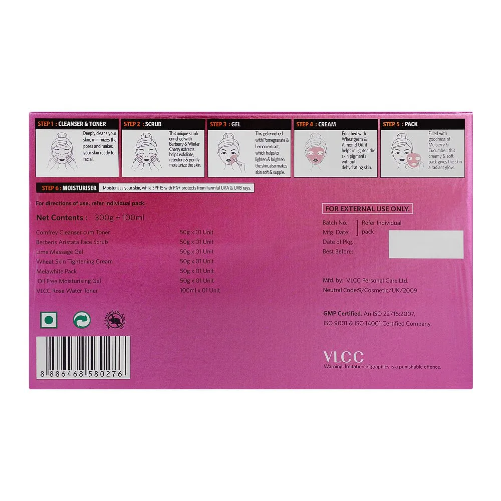 Side view of vlcc salon series skin tightening facial kit, cleanser & toner+scrub+gel+cream+pack+moisturiser, 6-pack, 300g+100ml