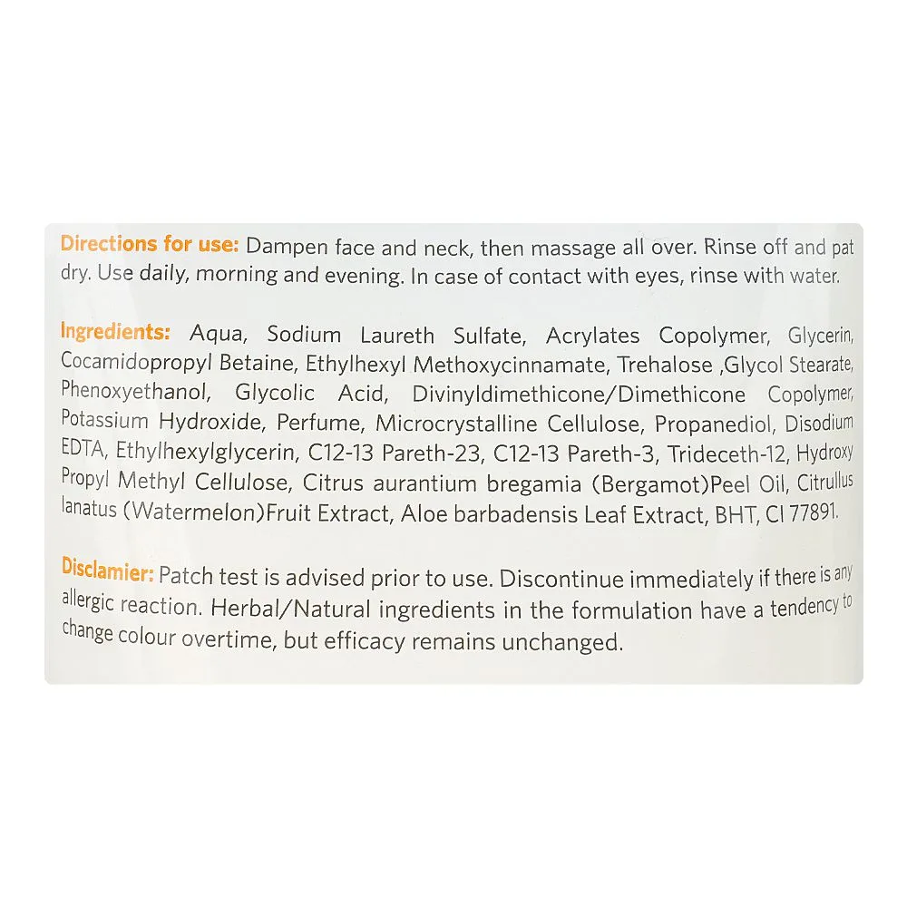 Close-up design of vlcc watermelon & bergamot gentle exfoliating face wash, for all skin types, 150ml