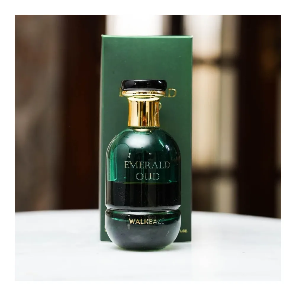 Side view of walkeaze emerald oud, eau de parfum, unisex, 100ml