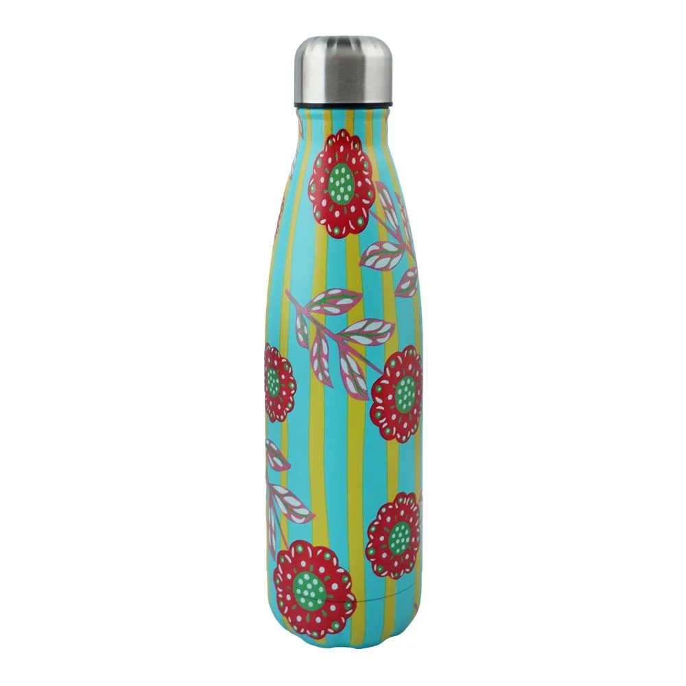 Warq Notes Flower Printed Stainless Steel Water Bottle, Blue, 600ml