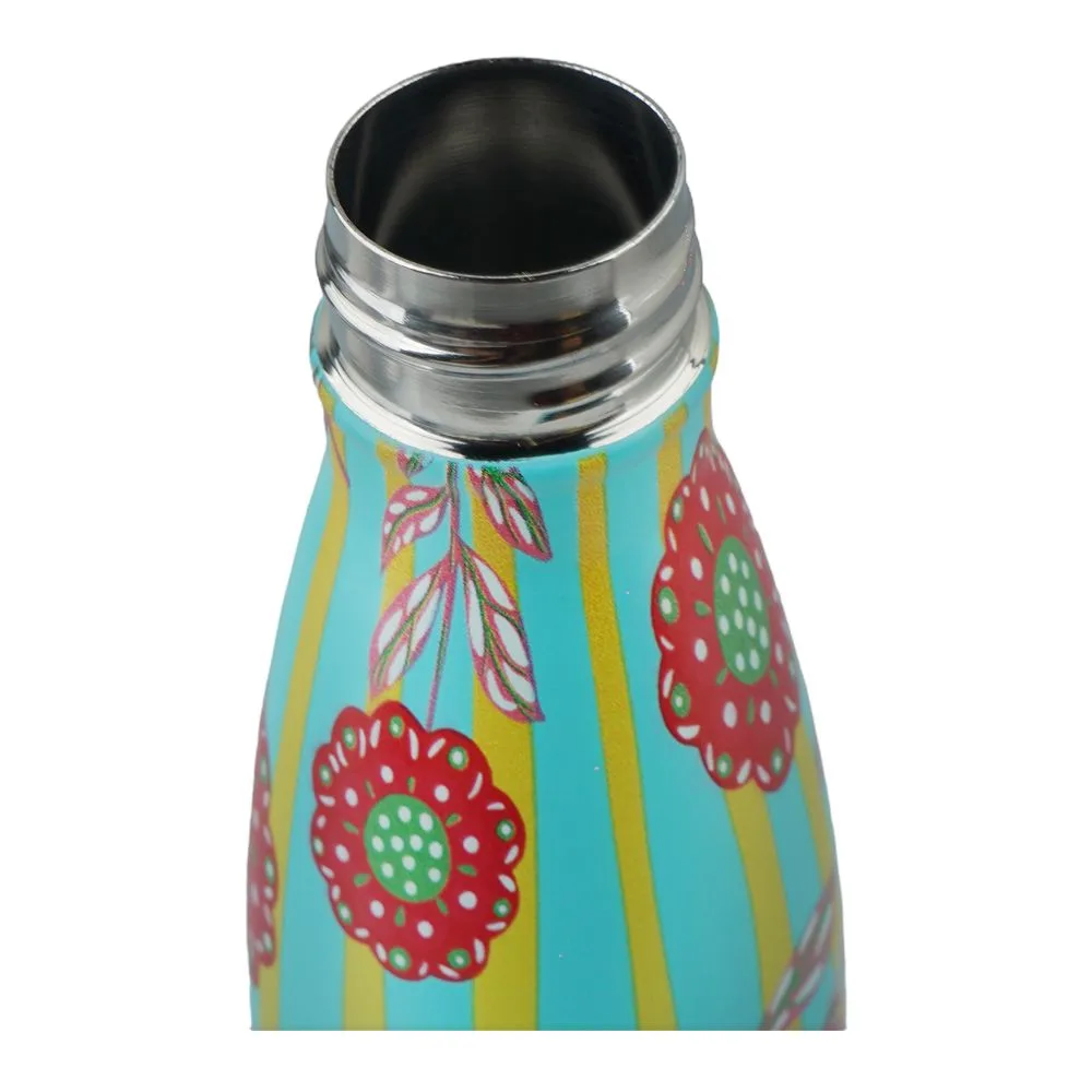 Side view of warq notes flower printed stainless steel water bottle, blue, 600ml