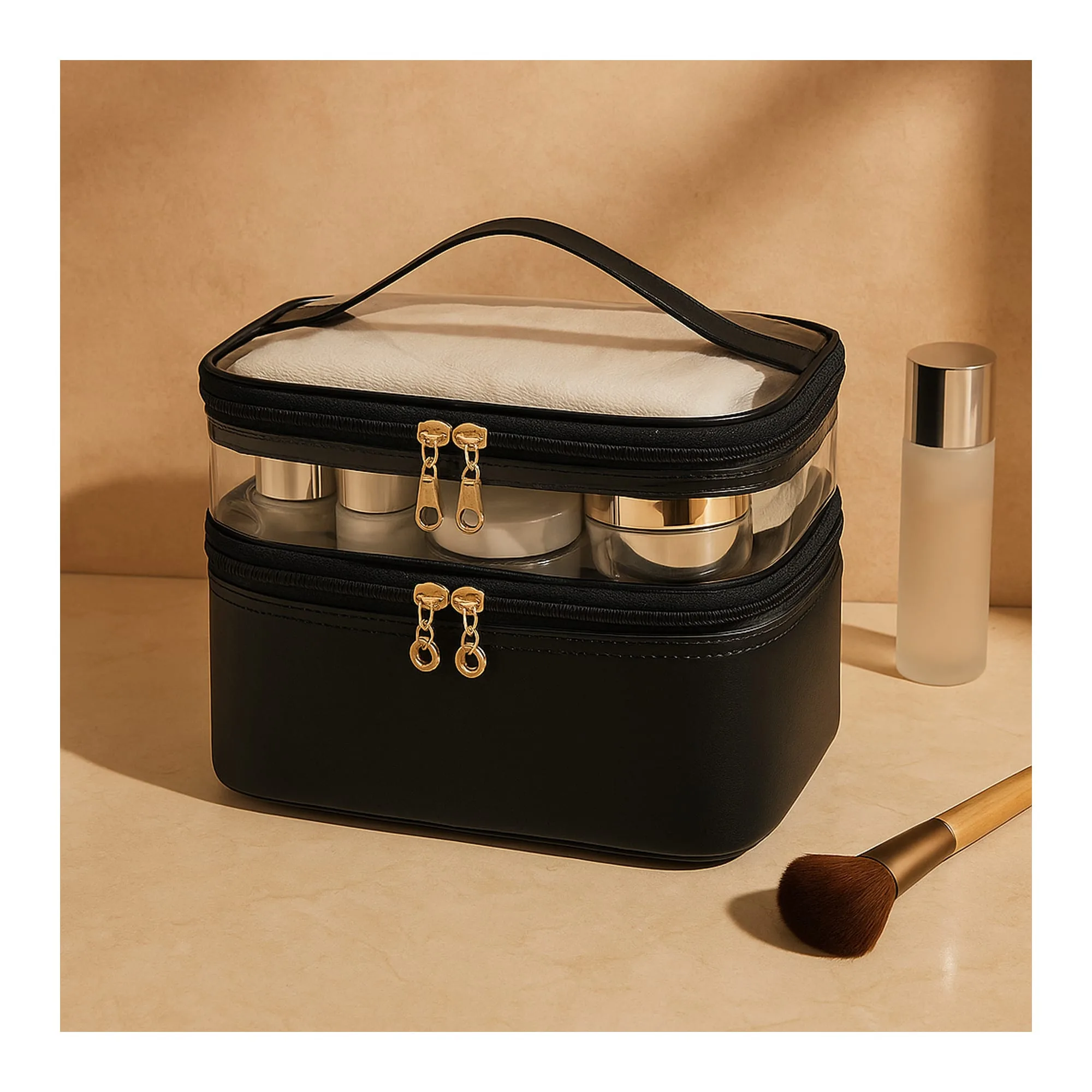 Waterproof Double Layer Zipper Travel Cosmetic Bag, Makeup Organizer & Toiletry Pouch, Black