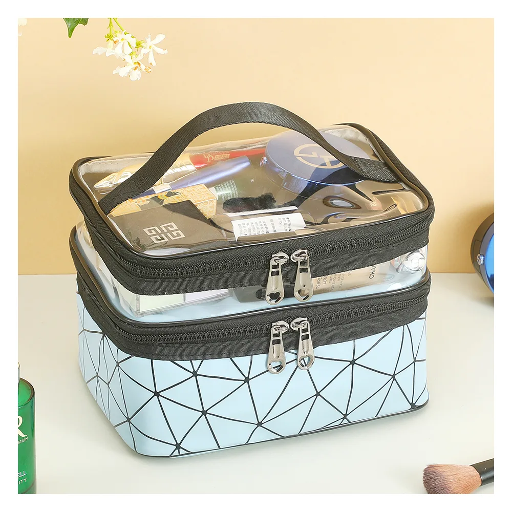 Side view of waterproof double layer zipper travel cosmetic bag, makeup organizer & toiletry pouch, blue