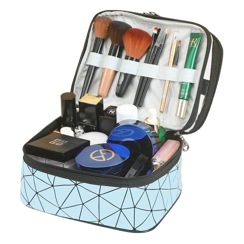Comfortable casual waterproof double layer zipper travel cosmetic bag, makeup organizer & toiletry pouch, blue