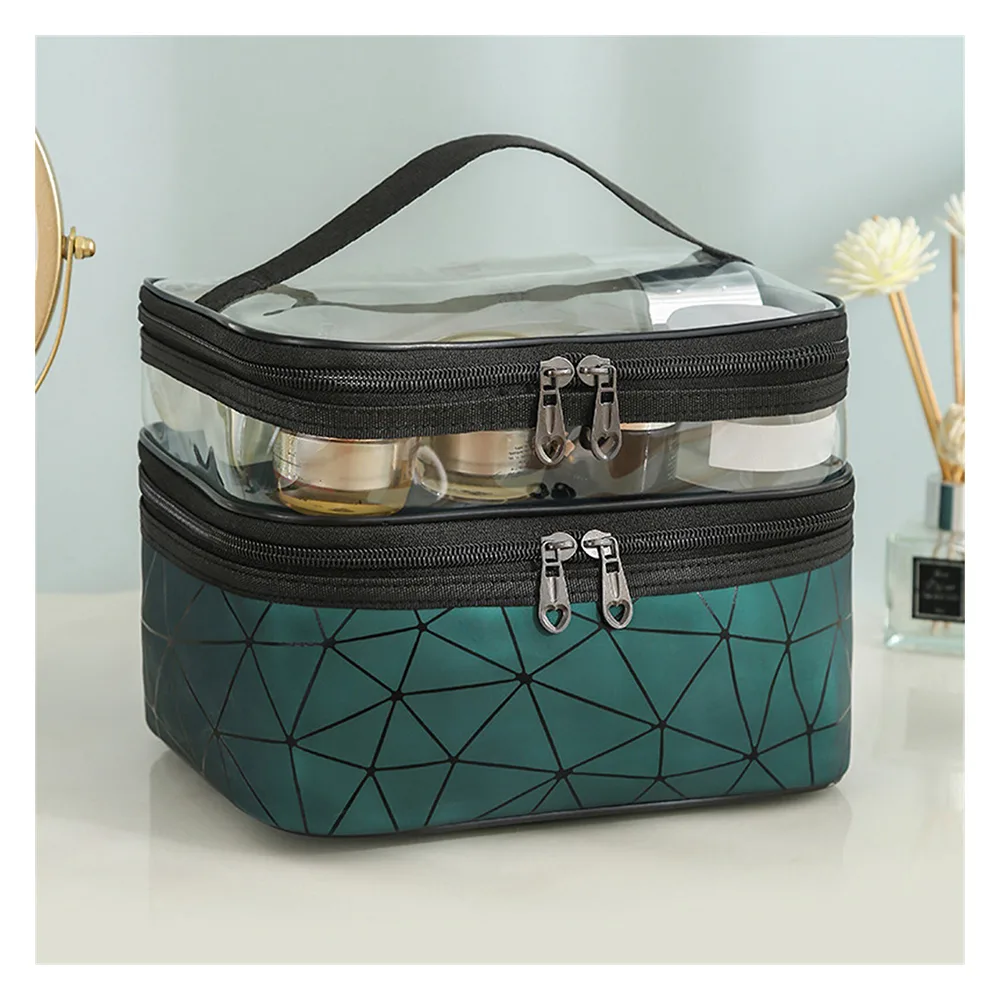 Side view of waterproof double layer zipper travel cosmetic bag, makeup organizer & toiletry pouch, green