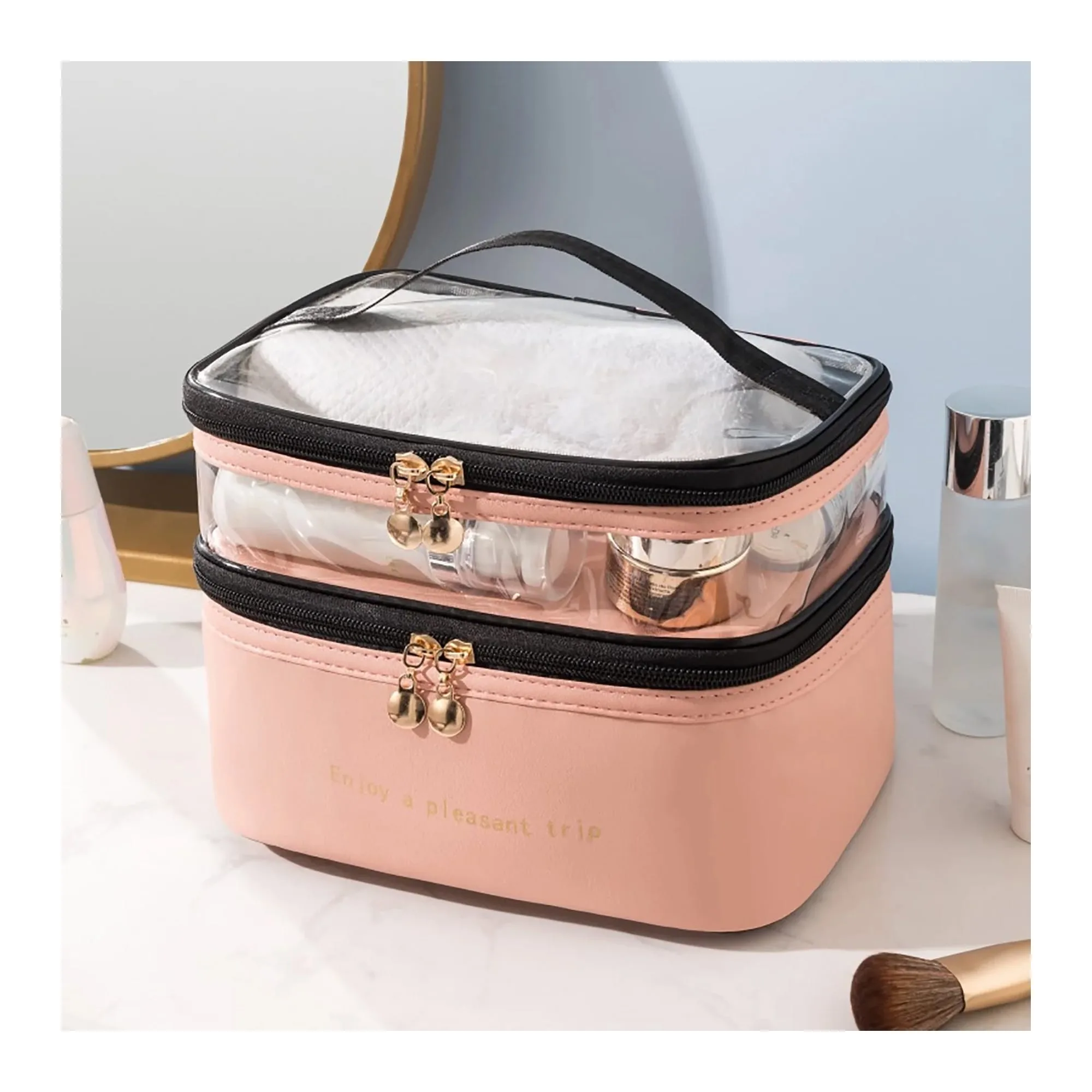Waterproof Double Layer Zipper Travel Cosmetic Bag, Makeup Organizer & Toiletry Pouch, Pink