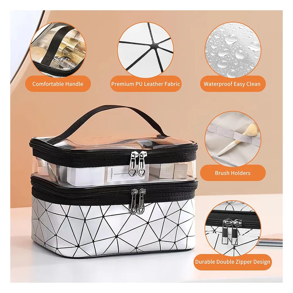 Side view of waterproof double layer zipper travel cosmetic bag, makeup organizer & toiletry pouch, silver