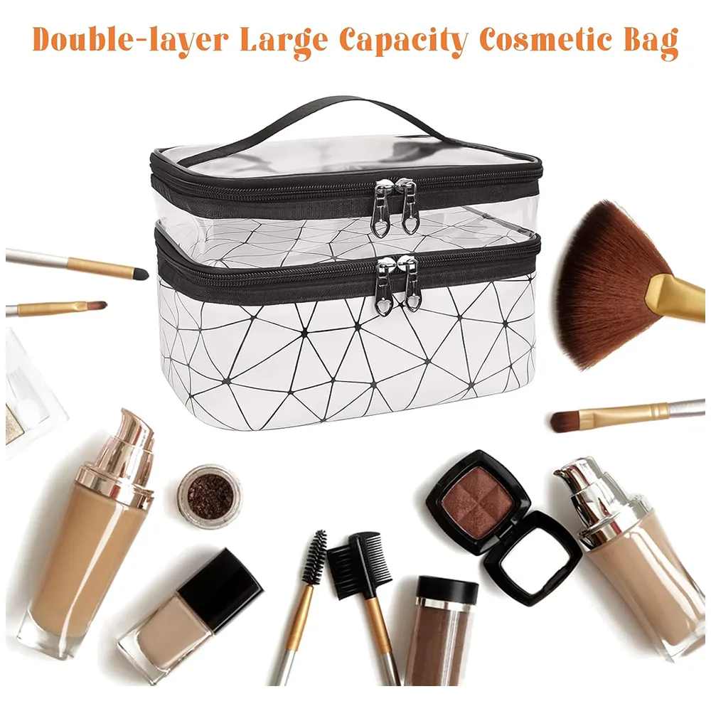 Comfortable casual waterproof double layer zipper travel cosmetic bag, makeup organizer & toiletry pouch, silver