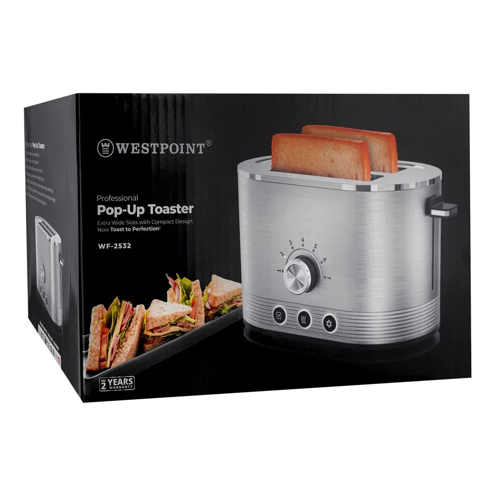 Side view of west point deluxe 2 slice pop-up toaster, wf-2532