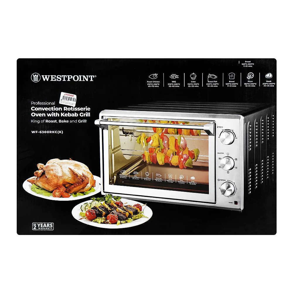 Side view of west point deluxe convection rotisserie oven with kabab grill, 2200w, 220-240v, wf-6300rkc